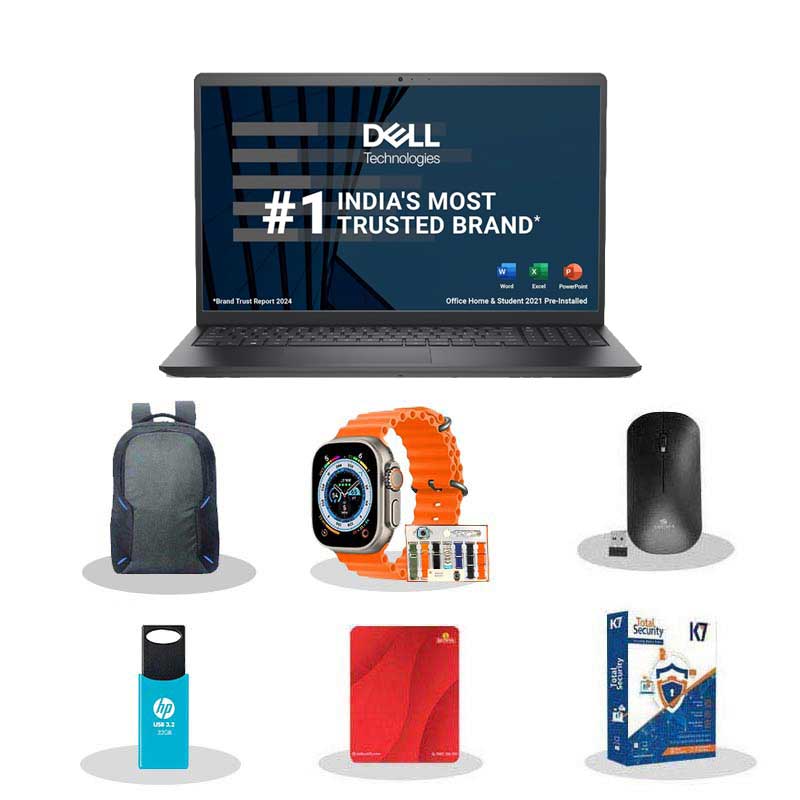 Picture of Dell Inspiron 3530 - 13th Gen Intel Core i5-1334U 15.6" (39.62cm) Thin & Light Laptop (16GB/ 512GB SSD/ Full HD Display/ Windows 11 Home/  MS Office 2021/ Intel UHD Graphics/ 1 Year Warranty/ Carbon Black/ 1.62 kg)  with Smart watch (7-in-1 Strap) + Laptop Bag + Wireless Mouse + Mouse Pad + Pendrive + K7 Antivirus Single User